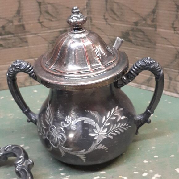 6 pc. Vintage Homan Silver plate Co tea pot, cream & sugar set, tray READ! - Picture 4 of 16